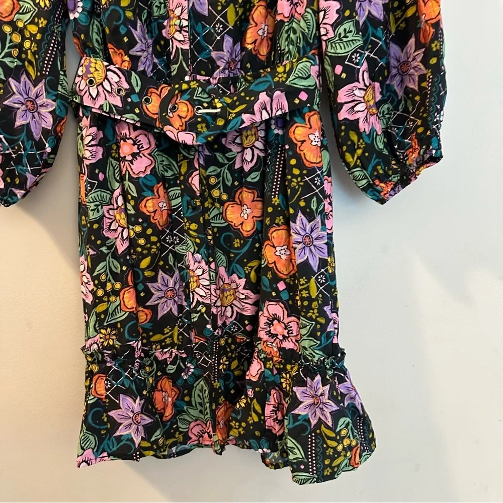 Avara Elena Floral Belted 3/4 Sleeve Mini Dress Black Multicolor Size XS - Picture 7 of 16